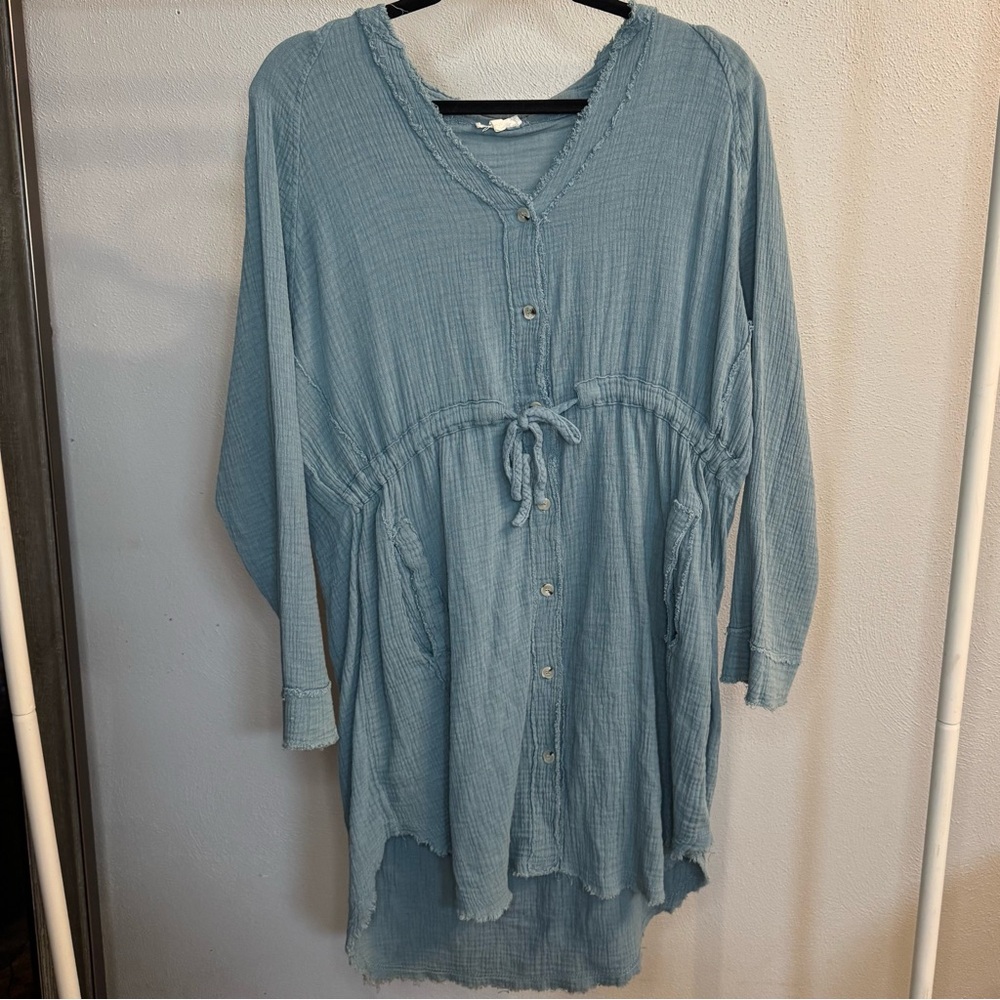 Blue Button-Up Tunic Dress with pockets - Size L